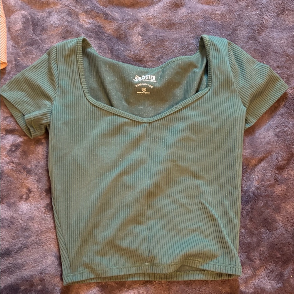 Hollister Forest Green Ribbed Short Sleeve Top